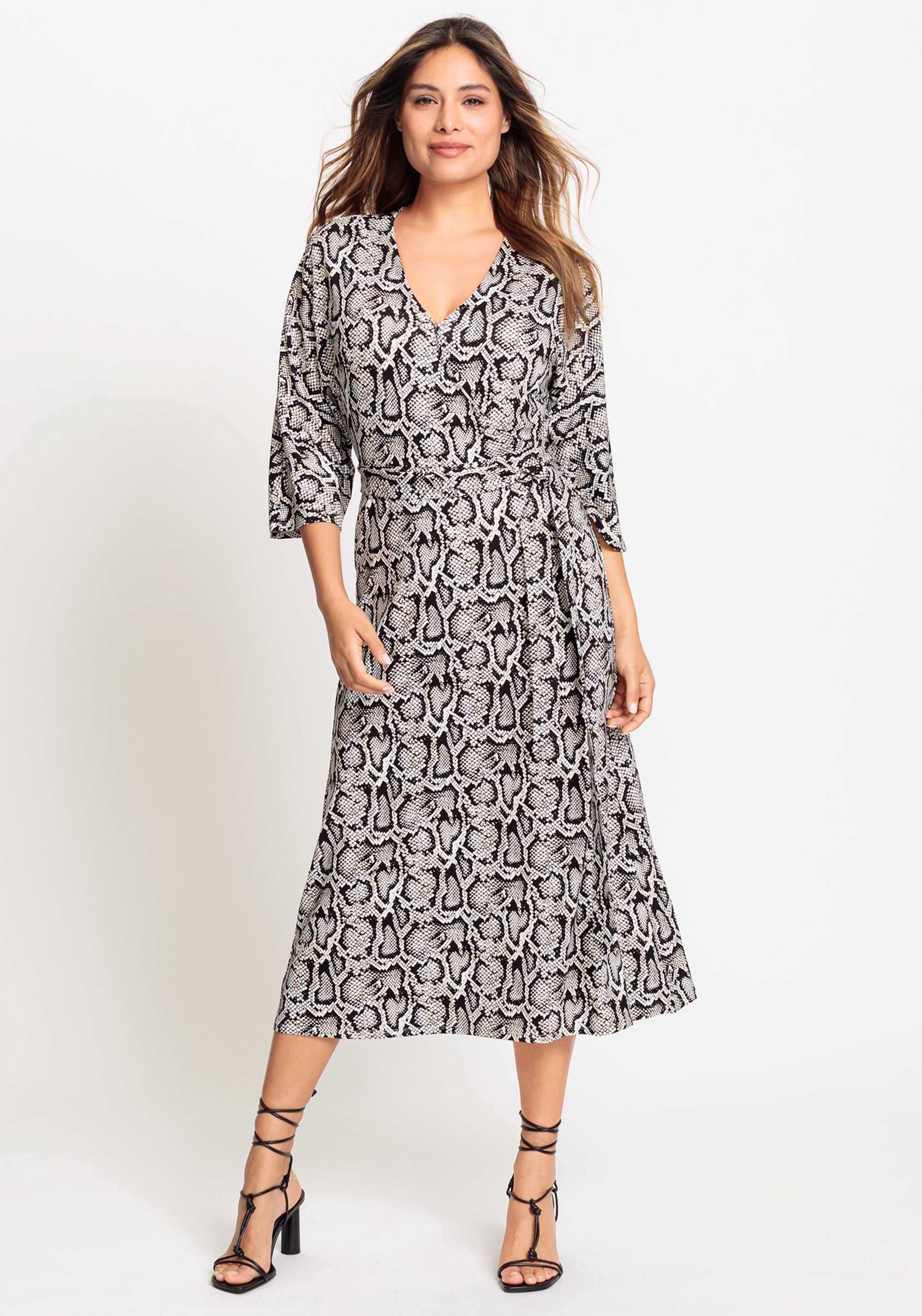 Hudson & Haven™ | 3/4 Sleeve A-Line Snake Print Midi Dress