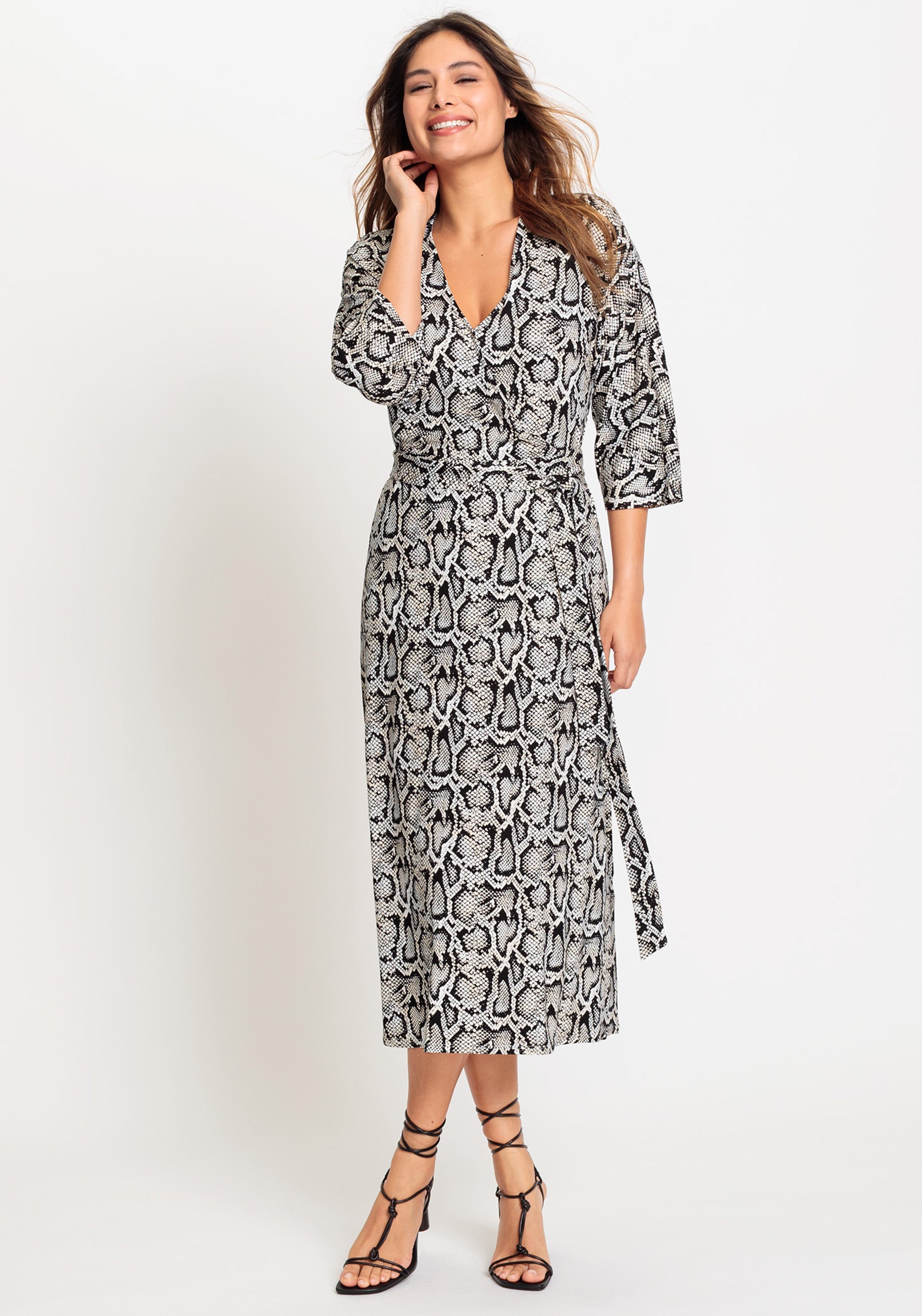 Hudson & Haven™ | 3/4 Sleeve A-Line Snake Print Midi Dress